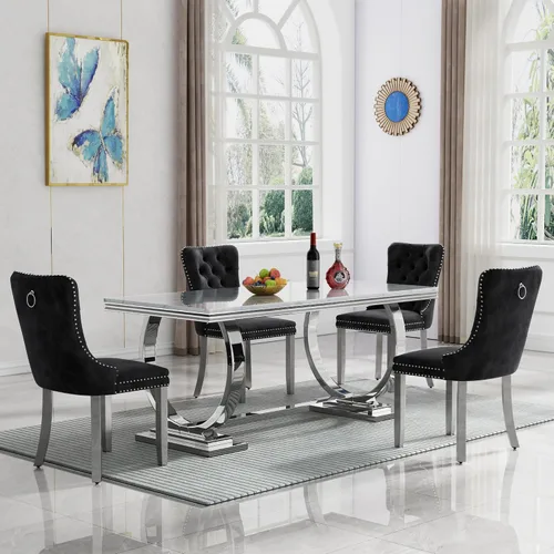 Vista 69 de HomVent Juego de mesa de comedor moderna de mármol sintético para 4 personas, mesa de cocina rectangular con 4 sillas beige (dorado)