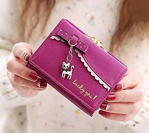 Vista 2 de UTO - Billetera para niñas de cuero vegano, lindo gato colgante, organizador de tarjetas, monedero para mujeres, Zoe Rose Red, S