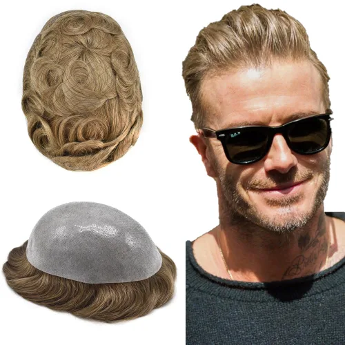 Vista 27 de Toupee para hombres Sistema de reemplazo de cabello humano PU piel fina V-looped Hair Piece Nature Hair System para hombre Toupee 6X8#1B Off Black