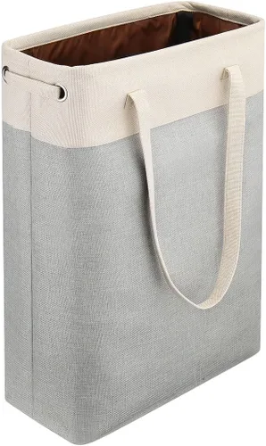 Vista 9 de Cesta de ropa sucia con asas beige y marrón, cesta de lavandería delgada plegable, cesta de ropa sucia estrecha, bolsa de lavandería plegable, cesto