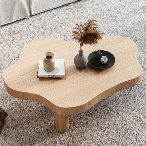 Vista 9 de Mesa de centro en forma de nube de madera maciza irregular, decoración de mesa auxiliar con 3 patas, bonita mesa auxiliar redonda moderna para sala