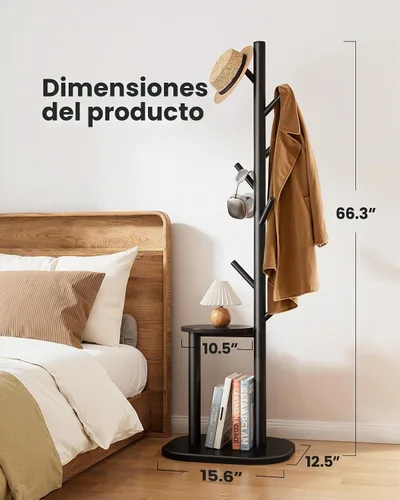 Vista 4 de Pipishell Perchero independiente de madera maciza con 8 ganchos y estantes 2 estantes de almacenamiento, base grande de una sola pieza