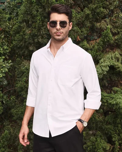Vista 5 de Alimens & Gentle - Camisa Oxford lisa, de manga larga, con botones y bolsillo, para hombre