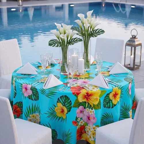 Vista 6 de Oudain Mantel hawaiano de 3 piezas de 84 pulgadas con hojas de palmera tropicales, flores redondas, de plástico, desechable, circular, impermeable