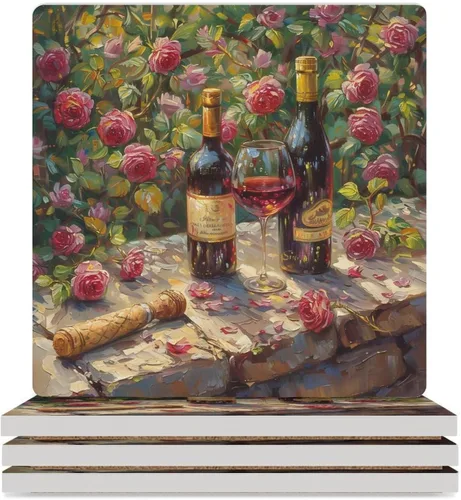 Vista 35 de 4 posavasos de vino tinto, cuadrados y modernos posavasos absorbentes de cerámica, estilo de pintura al óleo, vintage, vino tinto, uvas, rosa