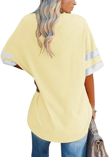 Vista 2 de Ebifin Women's Striped Oversized T Shirts V Neck Tees Half Sleeve Comfy Cozy Cotton Tunic Tops with Pockets