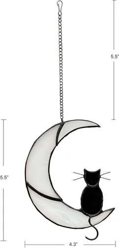 Vista 4 de Decoración de gato negro en luna blanca con vitrales colgantes para ventanas, paneles de ventanas, atrapasoles, adorno de Halloween, regalo