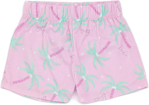 Vista 5 de Barbie Pijama corto para niñas, diseño de muñeca rosa con estampado de levantamiento y brillo, pantalones cortos elásticos para dormir