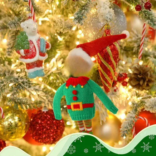 Vista 4 de Zubebe 12 piezas de accesorios de ropa de Navidad, suéter de muñeca de Navidad, ropa tejida para muñeca con estampado de Santa, árbol de Navidad