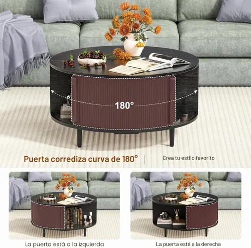 Vista 6 de Mesa auxiliar redonda, mesa central acanalada de 31.5 pulgadas con almacenamiento, mesa de centro elevable con almohadillas ajustables, puerta