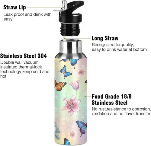 Vista 3 de BPA-Free Sports Water Bottle 20 Oz, Insulated Stainless Steel Water Bottle with Straw for Gym Outdoor Travel School, Colorful Butterflies