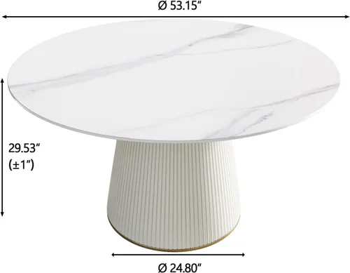 Vista 2 de Mesa de comedor redonda para 6, mesa de piedra sinterizada con marco de madera maciza, mesa de comedor blanca de 53 pulgadas para comedor y cocina