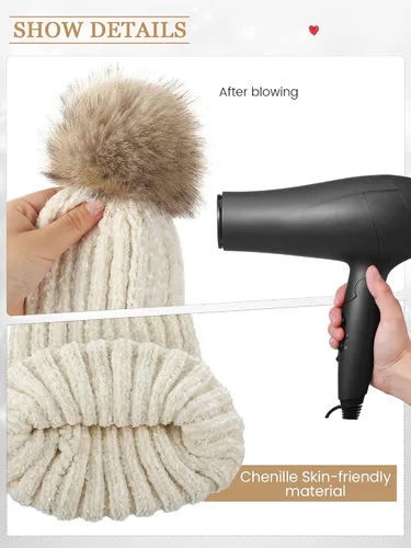 Vista 2 de 4 piezas mujeres invierno punto Beanie sombrero pantalla táctil guante conjunto grueso Chenille punto Pom sombrero sombrero caliente guantes