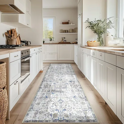 Vista 291 de jinchan Lima - Alfombra simétrica floral geométrica lavable, alfombra de entrada de medio círculo de 2 x 3, alfombra de media luna, suave y Azul