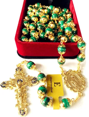 Vista 4 de elegantmedical Hecho a mano, chapado en oro de 18 quilates, sin duda, rosario de malaquita, collar de cuentas de oración, regalo católico y caja