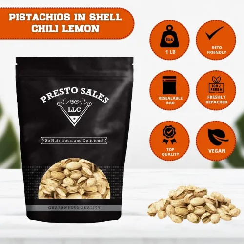 Vista 2 de Presto Sales In Shell Pistachios Chili Lemon 16 onzas, pistachos tostados de primera calidad, saludables, naturales, veganos, sin OMG, resellables