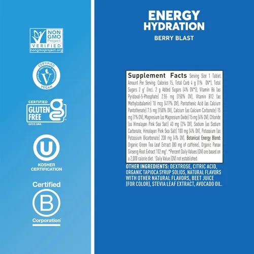 Vista 5 de Nuun Energy - Tabletas de electrolitos sabor Berry Blast, paquete de 8 (80 porciones) con ginseng, cafeína del extracto de té verde, vitamina B12