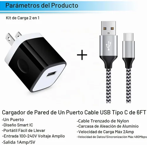 Vista 2 de Cargador de pared tipo C 5V/1A Bloque de carga Cargador de pared Enchufe Cubo Cable USB C