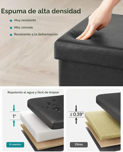 Vista 5 de SONGMICS cubo de almacenamiento de piel sintética, asiento, 15 pulgadas, Madera, Negro
