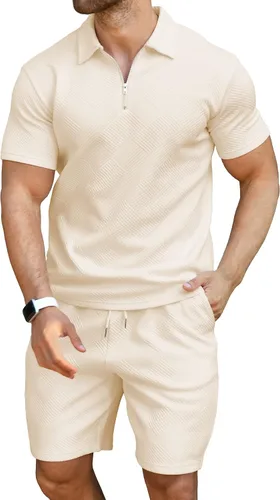 Vista 2 de KUYIGO Conjunto de camisa polo y pantalones cortos para hombre, trajes de verano a la moda, casual, de manga corta, traje de 2 piezas para hombre