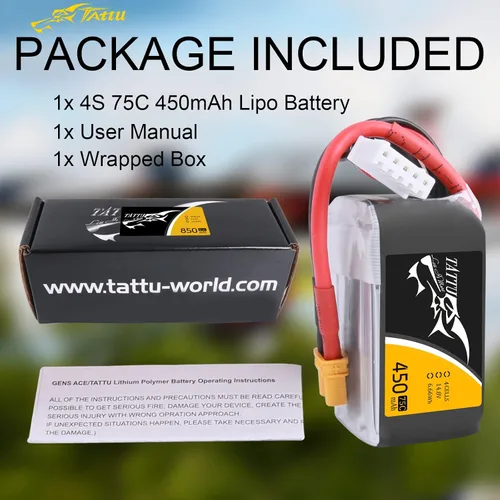 Vista 6 de TATTU Batería LiPo de 14.8V 450mAh 75C 4S con enchufe XT30 para multirotor FPV 150
