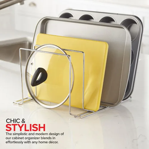 Vista 7 de Stock Your Home Organizador de gabinete de cocina, cromado (paquete de 2) soporte de acero para hornear con 4 ranuras para gabinete, organizador