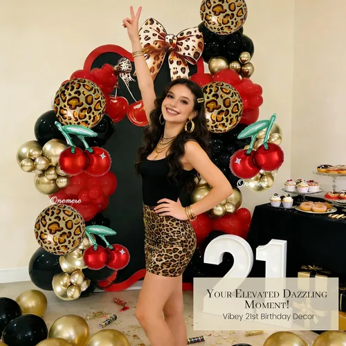 Vista 2 de Kit de arco de globos con estampado de guepardo, 185 globos metálicos rojos, negros y dorados, con globos de guepardo de aluminio para decoraciones