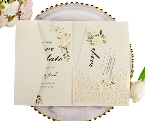 Vista 10 de Juego de 25 tarjetas de invitaciones de boda de 5 x 7.28 pulgadas con purpurina dorada clara, tres pliegues, cortadas con láser, corte hueco
