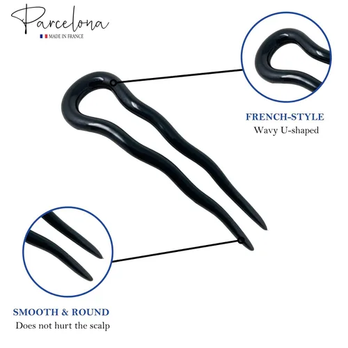 Vista 4 de Parcelona French Mystic - Juego de 6 horquillas onduladas en forma de U de celuloide negro de 3 pulgadas, hechas en Francia, para mujeres y niñas