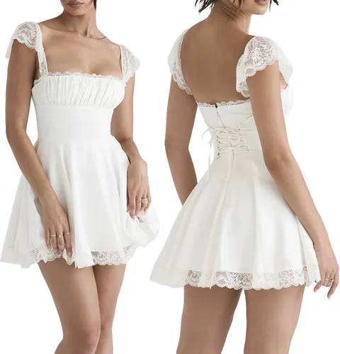 Vista 2 de Y2K - Mini vestido de encaje para mujer, con tirantes delgados, sin mangas, espalda descubierta, corte bajo, vestido de fiesta corto para club