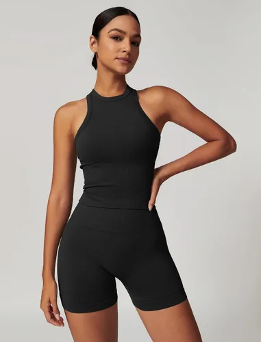 Vista 27 de Conjuntos de entrenamiento para mujer, 2 piezas, sin costuras, acanalada, sin mangas, brasier deportivo, cintura alta, pantalones cortos