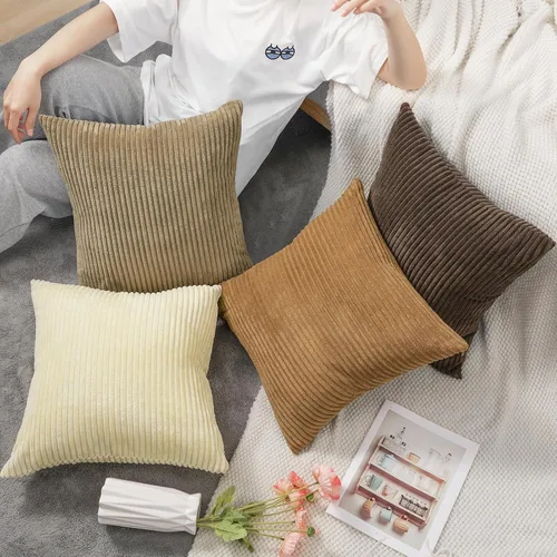 Vista 4 de Lewondr - Fundas de almohada de pana, juego de 4 fundas cuadradas de 22x22 pulgadas, con diseños a rayas modernas, para sofá, sala de estar, Marrón