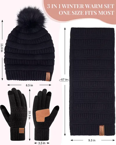 Vista 6 de Conjunto de guantes y bufanda de invierno para mujer, gorro de pompón con forro polar cálido, bufanda de punto larga, guantes para pantalla táctil