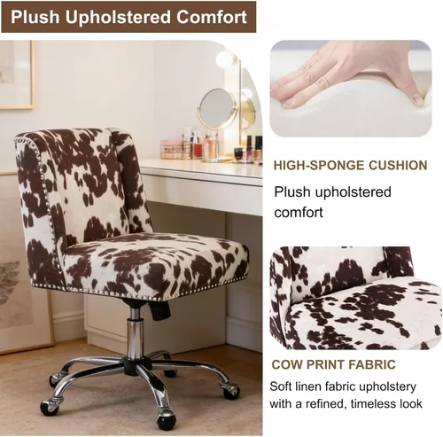 Vista 9 de Silla de escritorio con estampado de vaca, silla giratoria de escritorio con ruedas, silla tapizada para oficina en casa sin brazos para dormitorio