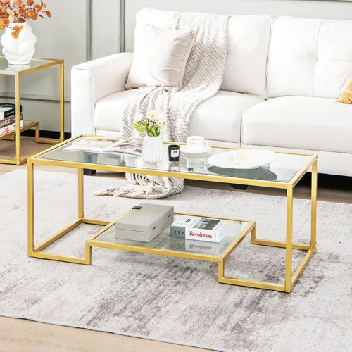 Vista 2 de COSTWAY Mesa auxiliar de cristal de 45 pulgadas, mesa decorativa rectangular de 2 niveles con estante de almacenamiento y marco de metal dorado