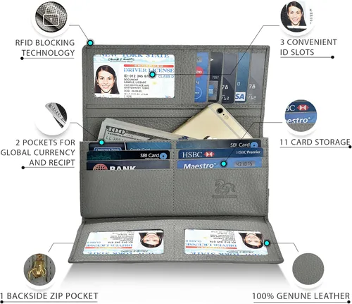 Vista 2 de Carteras de piel con bloqueo RFID para cheques con 11 ranuras para tarjetas para mujer
