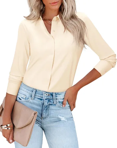 Vista 4 de siliteelon Camisas de vestir con botones para mujer, blusas de manga larga, elásticas, ajustadas, sin arrugas, cuello para el trabajo