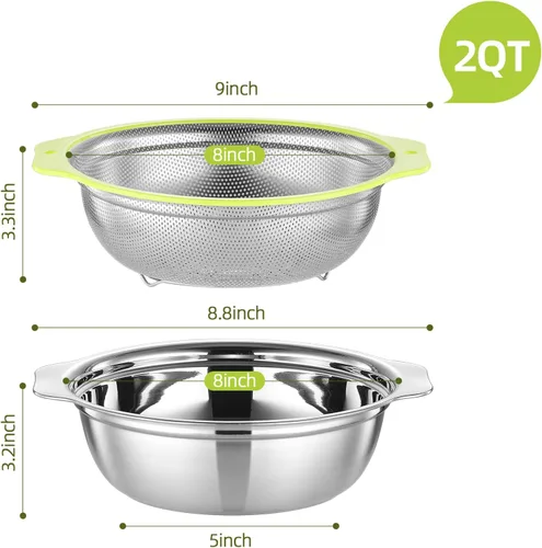 Vista 3 de Colador de acero inoxidable microporoso, colador de arroz de 2QT con tazón para mezclar, juego de tazón para lavar arroz con asa, coladores