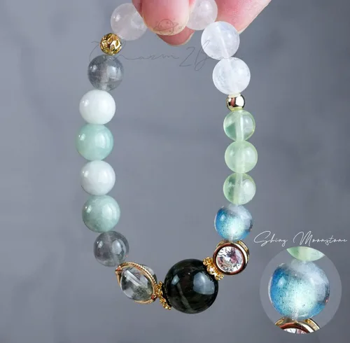 Vista 136 de Precious Gemstone Natural Crystal Healing Bracelet, Rutilated Quartz, Moonstone, Quartz Handmade Original Design Bracelet