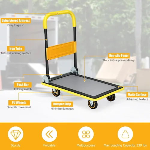 Vista 2 de Goplus Carrito de plataforma plegable, carrito de plataforma de mano con ruedas de 330 libras, carrito de mano para carga, amarillo