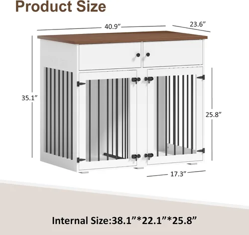 Vista 2 de Mueble de jaula para perros grande, perrera de interior de 41 pulgadas con divisor removible y puertas dobles, jaulas de madera para perros para 2