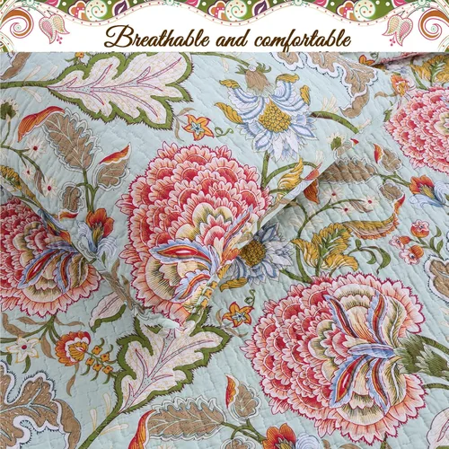 Vista 3 de Cozy Line Home Fashions Blooming Rojo Blanco Floral 100% Algodón Reversible Edredón Juego de Ropa de Cama, Colcha Cubrecama