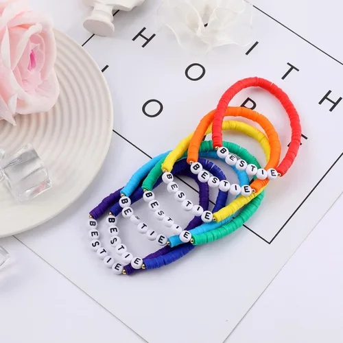 Vista 6 de Juego de pulseras Heishi Surfer de arcoíris para mujer, pulseras apilables de arcilla con cuentas de disco, pulseras elásticas de disco, pulseras