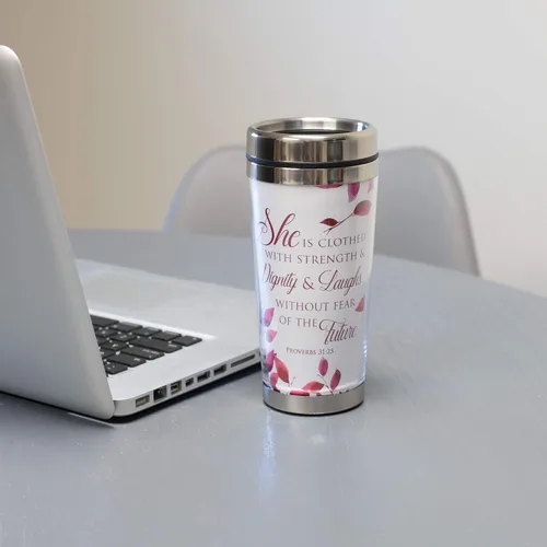 Vista 2 de Proverbs 31 Woman - Taza de viaje de acero inoxidable de 16 onzas con tapa