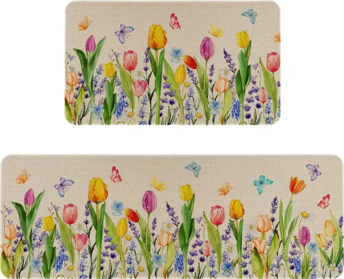 Vista 15 de Juego de 2 tapetes y tapetes de cocina con diseño floral de primavera, diseño floral de acuarela para piso, decoración de fregadero de cocina