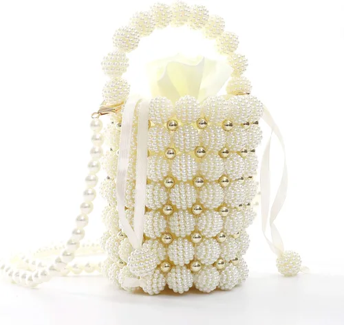 Vista 4 de YIFEI Bolsos hechos a mano con cuentas pequeñas perlas para mujer, con cadena desmontable, para fiesta de boda, Blanco