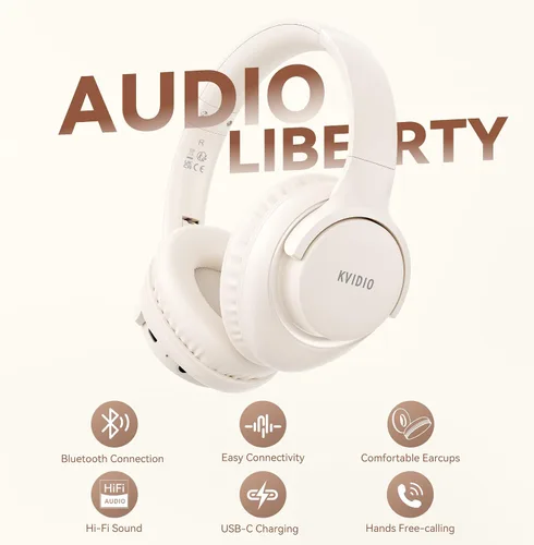 Vista 4 de KVIDIO Auriculares Bluetooth, auriculares inalámbricos con micrófono, tiempo de funcionamiento de 65 horas, auriculares sobre la oreja
