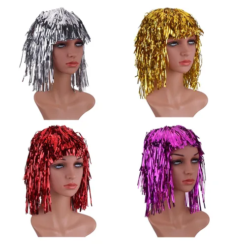 Vista 2 de Sumind 4 piezas de pelucas de oropel de aluminio para vestido elegante, peluca de fiesta brillante para adultos, suministros metálicos de cosplay