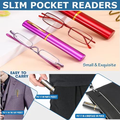 Vista 5 de touk Small Portable Reading Glasses Anti Blue Light UV, Compact Slim Pocket Readers with Mini Pen Clip Tube Case 2 Pairs