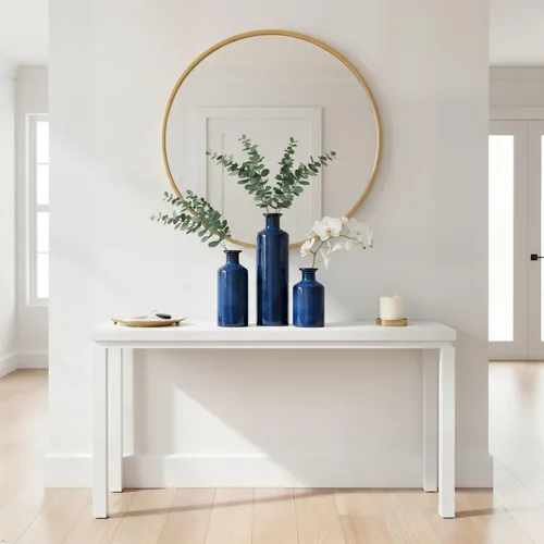 Vista 9 de Mowtanco Juego de 3 jarrones pequeños de cerámica azul, casa de campo moderna para botellas de decoración del hogar, jarrones decorativos rústicos